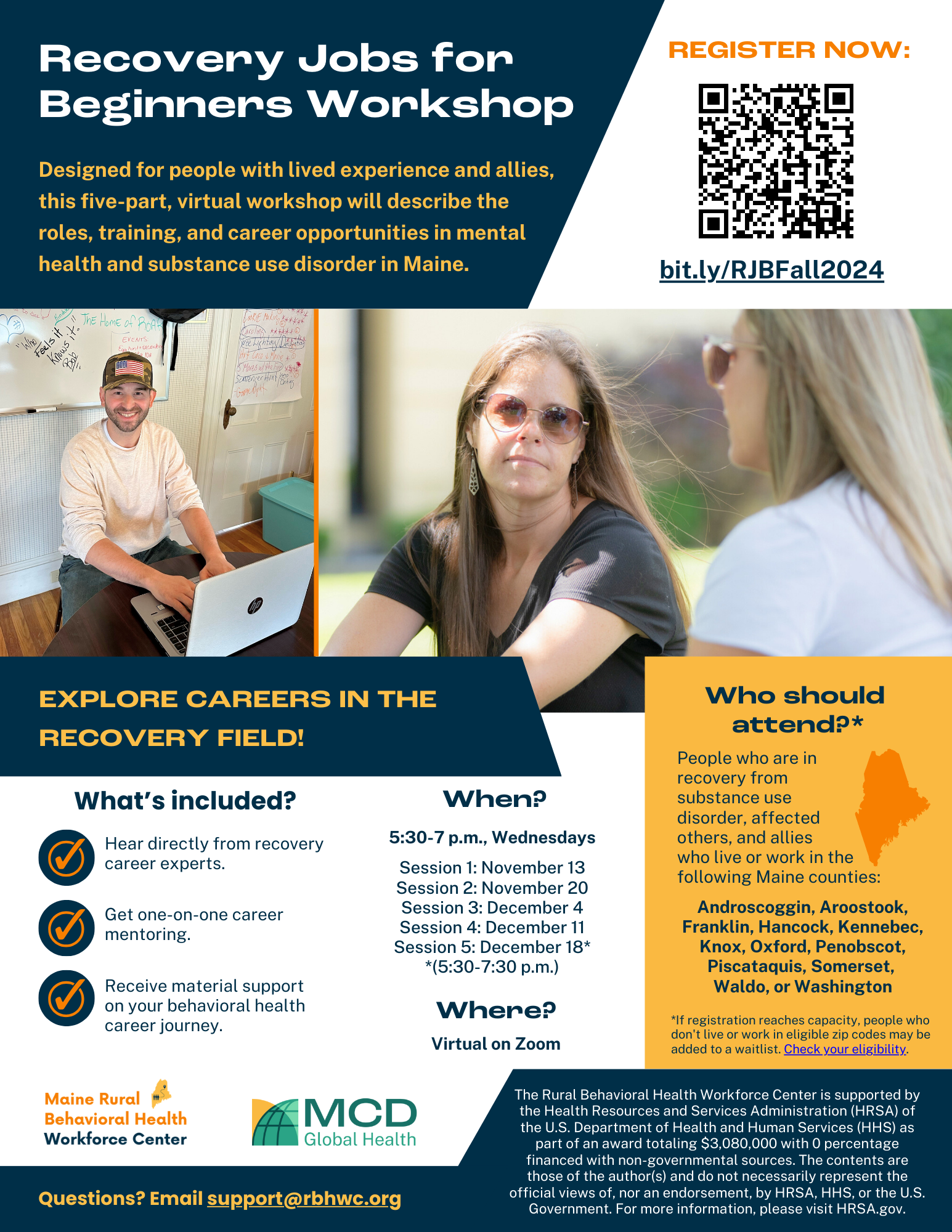 Flyer for the fall 2024 Recovery Jobs for Beginners workshop in Maine