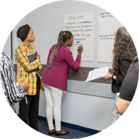 Group of people watching as a person writes something on a whiteboard