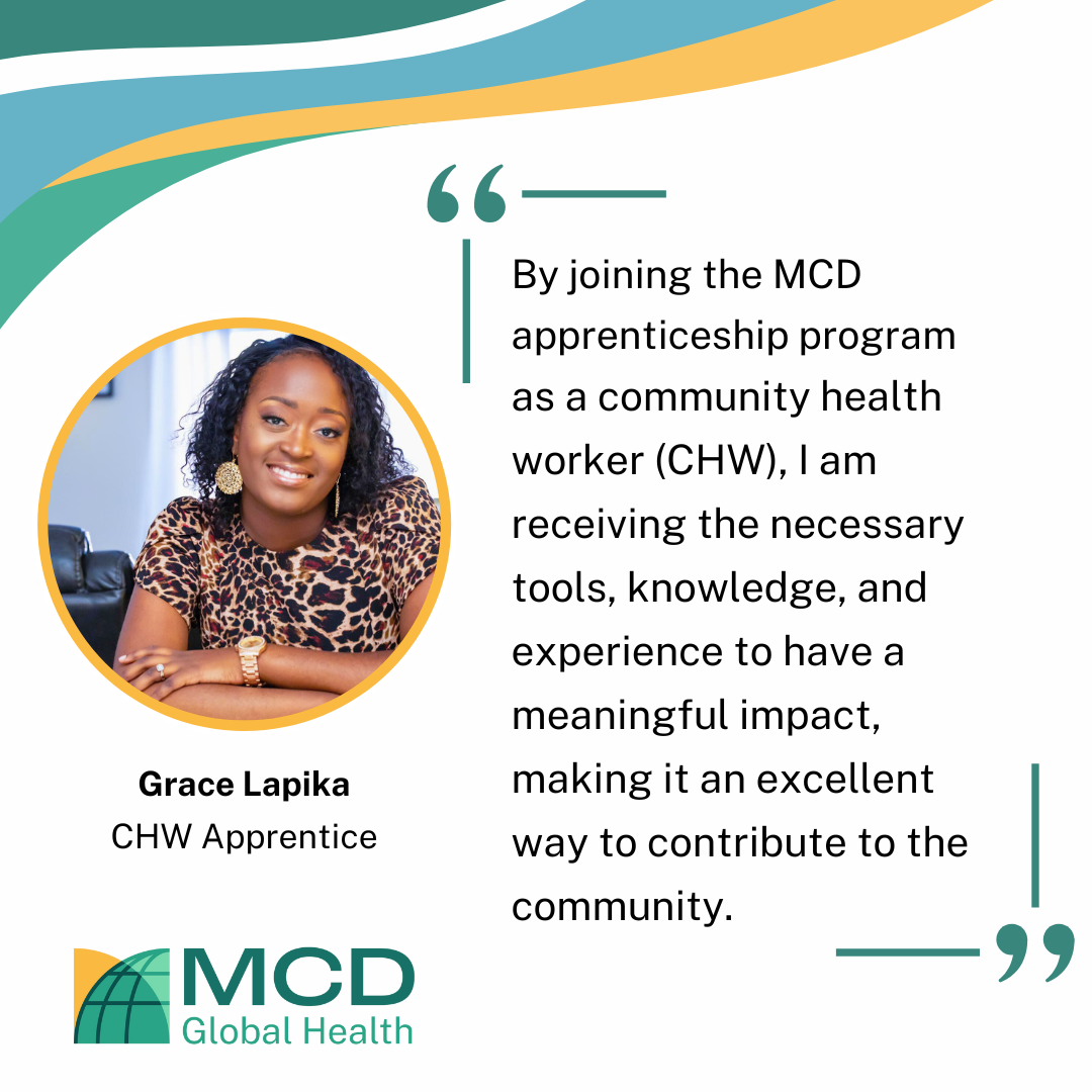 graphci of woman posing for camera and quote: by joining the MCD apprenticeship program as a community health worker, I am receiving the necessary tools, knowledge, and experience to have a meaningful impact, making it an excellent way to contribute to the ecommunity.