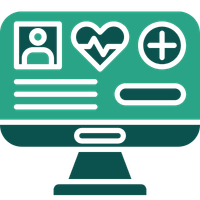 Computer screen with icons of person, heart and medical symbol icon