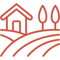 Red icon of a house with trees and a field