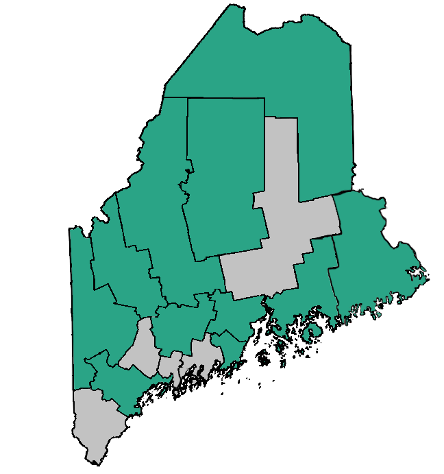 Outline map of Maine counties involved with this initiative in green outlines of Maine, New Hampshire, and Vermont