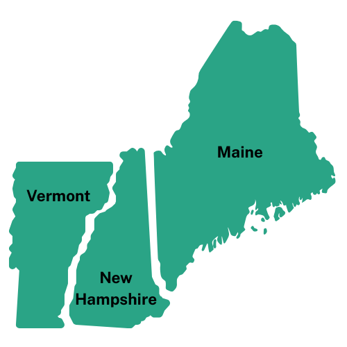 green state outlines of Maine, New Hampshire, and Vermont