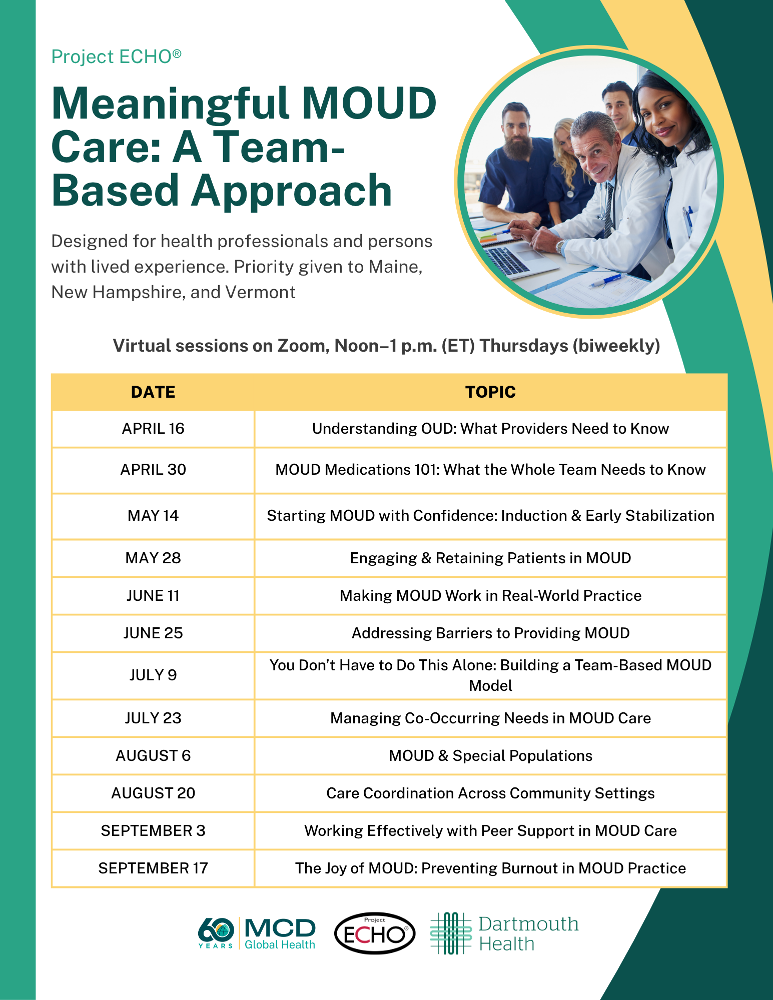 A graphic that shows each class date and topic per class with photo of care team in top right corner and yellow and green colors. Meaningful MOUD care: a team based approach. designed for health professionals and persons with lived experience. priority given to Maine, New Hampshire and Vermont.