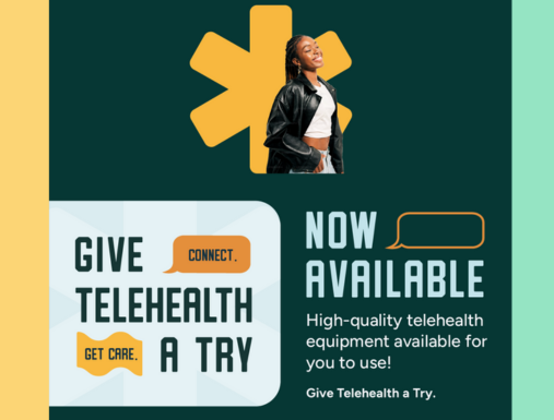 Give Telehealth a Try image with green background and African American woman smiling