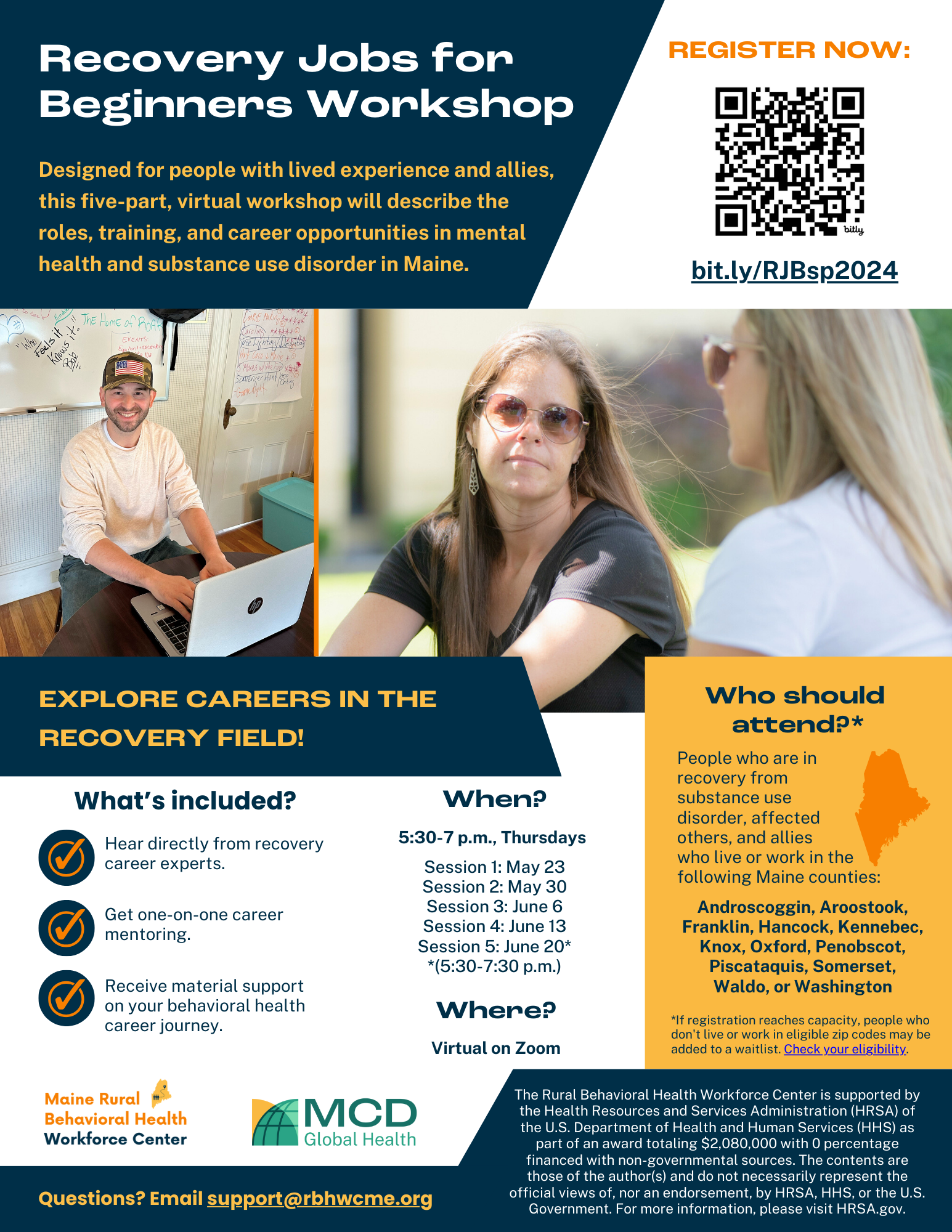 Flyer for the spring 2024 Recovery Jobs for Beginners workshop in Maine