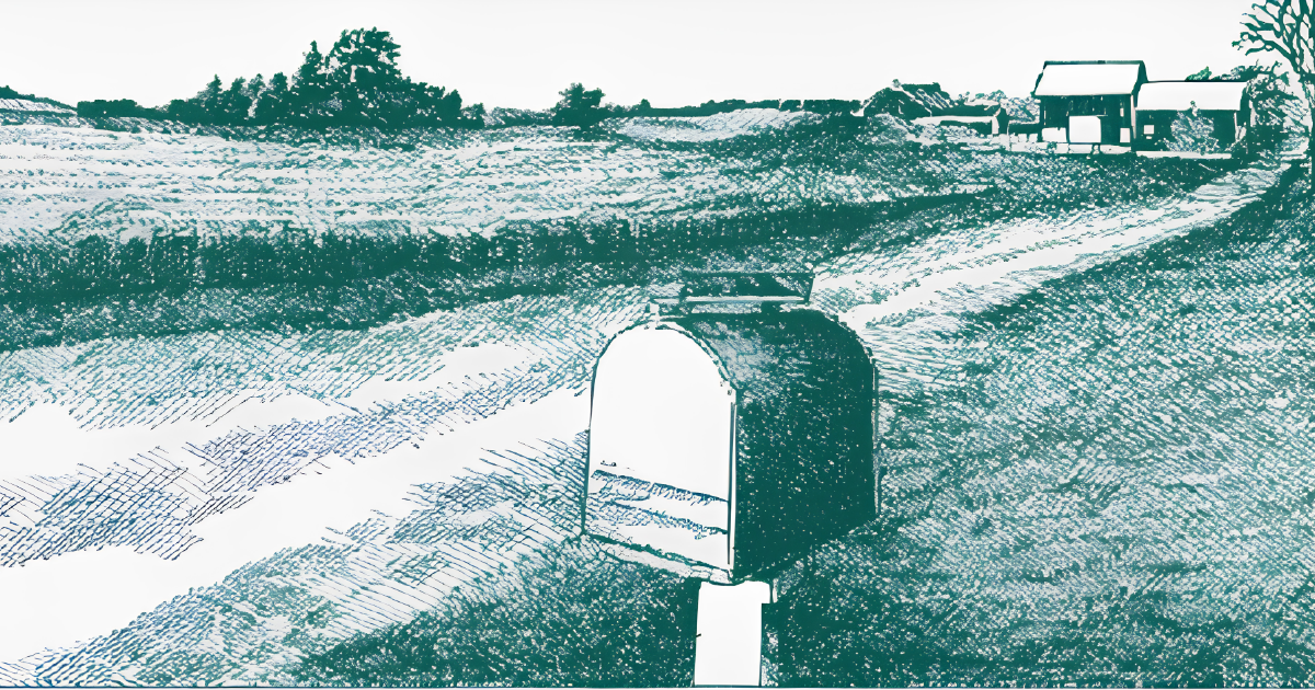 illustration of rural driveway with mailbox and house colored green.