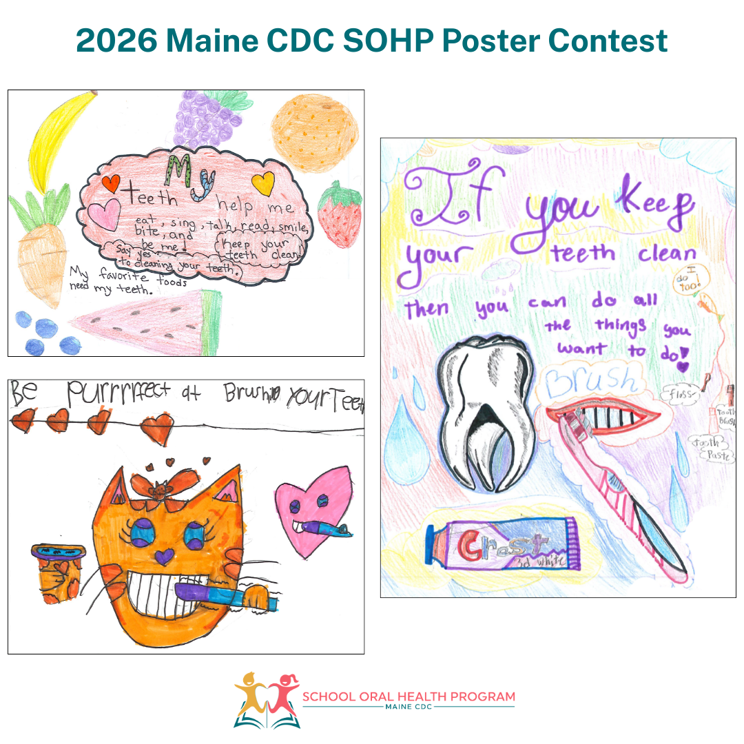 collage of 3 posters made by Maine school children that won the 2026 contest