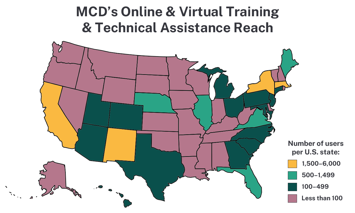 Graphic of the U.S. states highlighted different colors, showcasing the number of MCD elearners in the U.S.