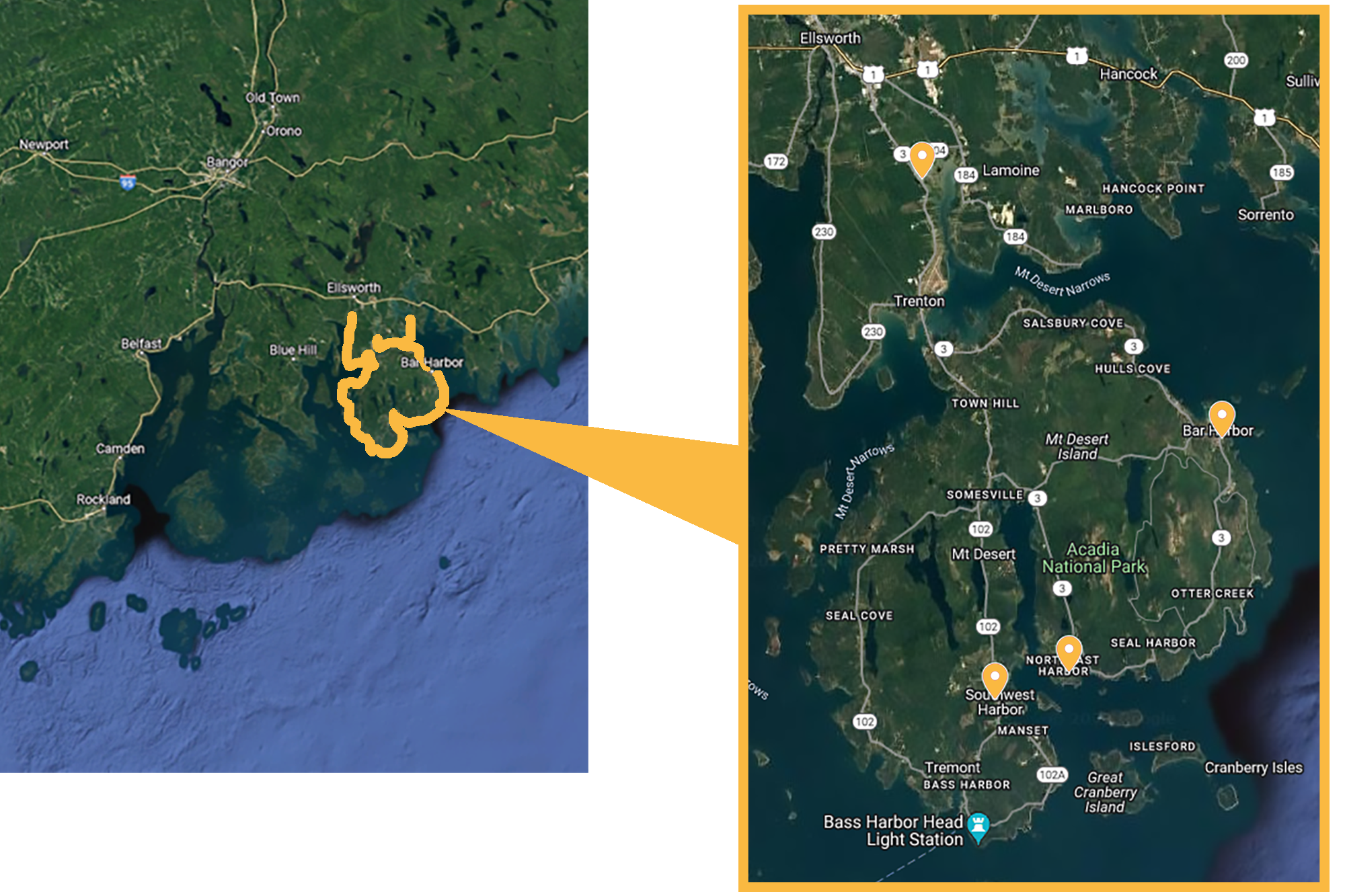 Map of Mt. Desert Island and zoomed in locations of the MDI Hospital nearby.