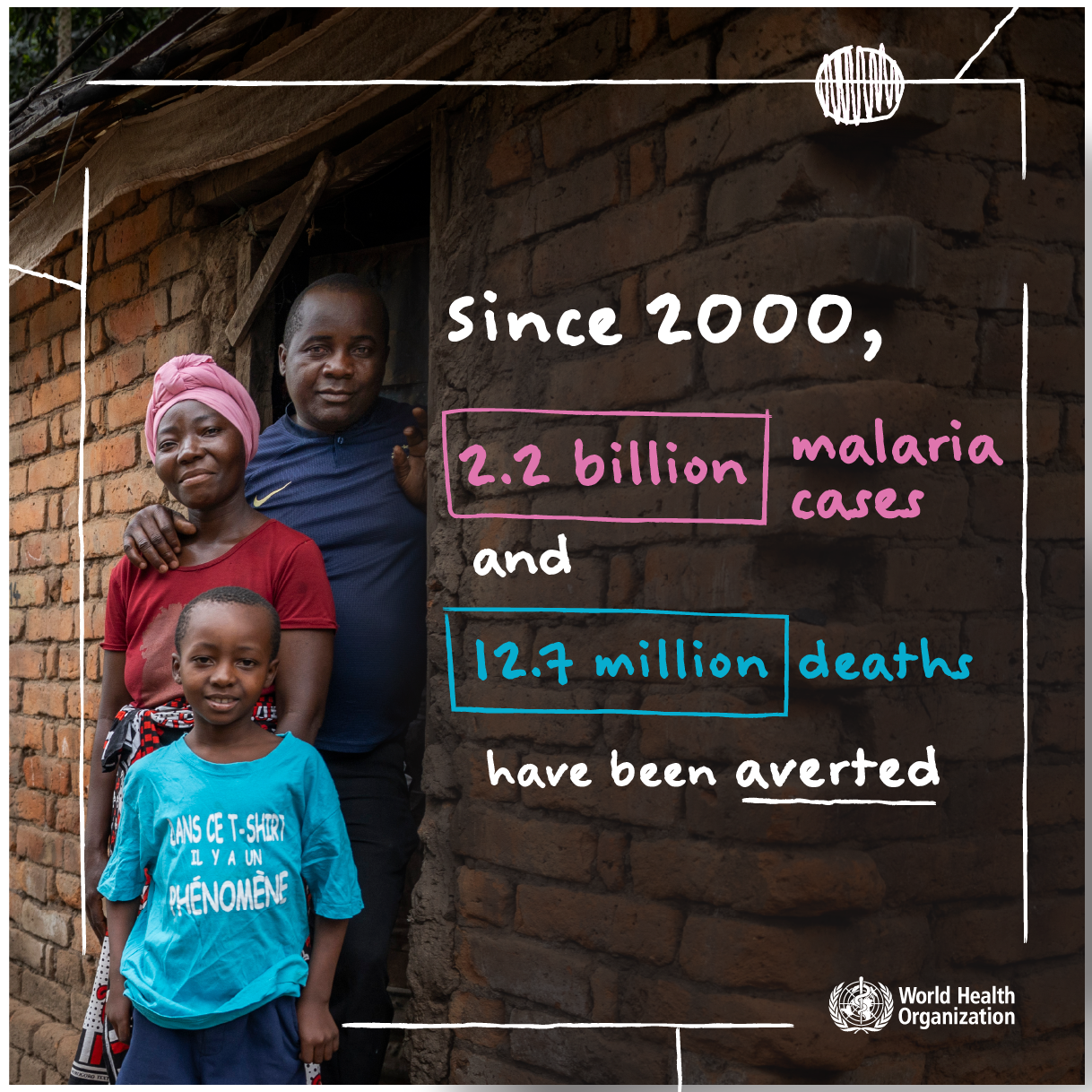 Image of three people smiling at camera in brick house. Since 2000, 2.2 billion malaria cases and 12.7 million deaths have been averted.