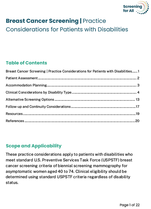 Image of the breast Cancer Screening practice considerations cover.