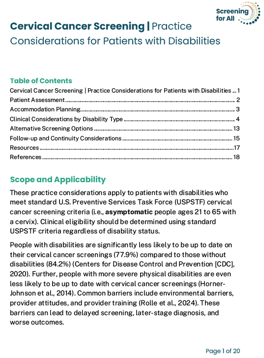 Image of the Cervical Cancer Screening practice considerations cover.