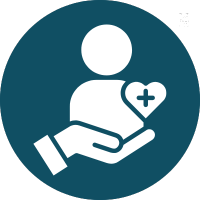 Blue icon of a person in the middle of a hand with medical symbol
