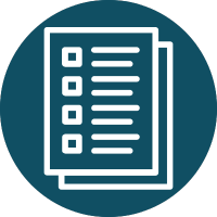 Blue icon of a white checklist document