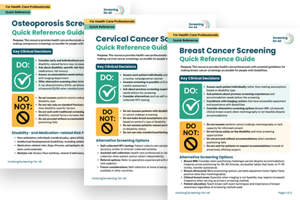 Three images that preview the quick reference guides for breast and cerivcal cancer and osteoporosis