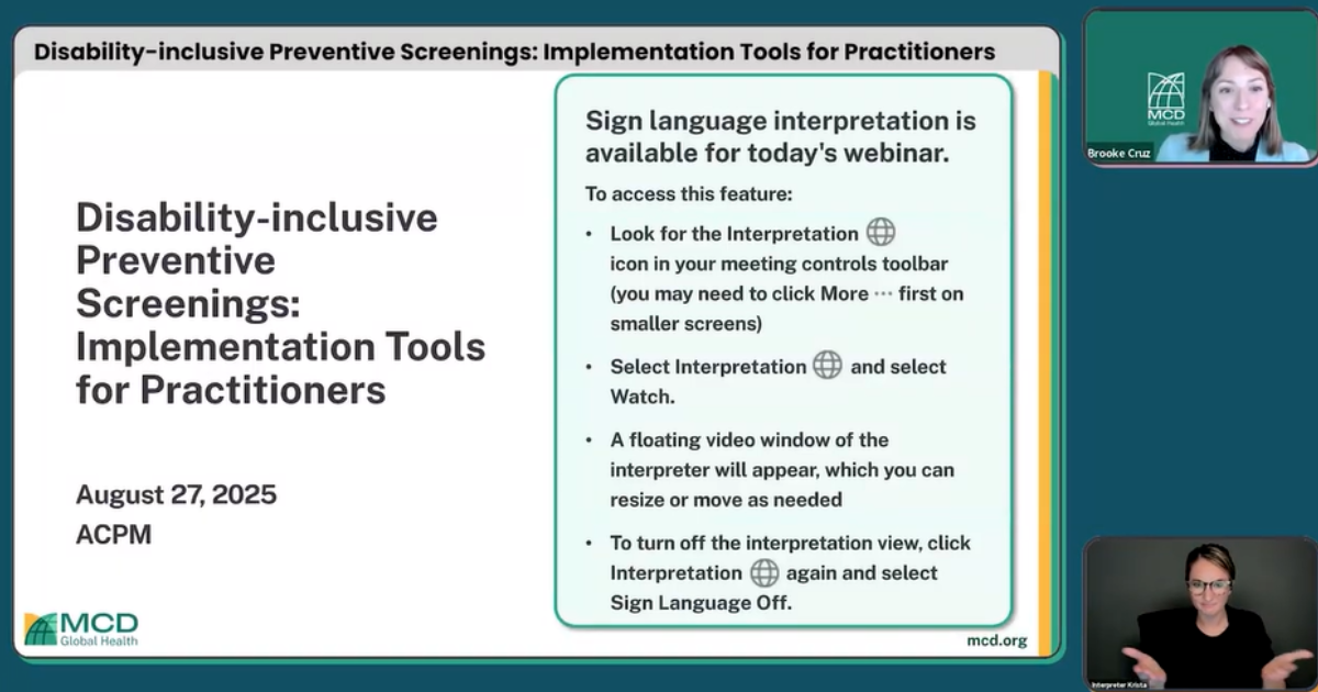 Screenshot of the CME webinar with text on the slide and two people talking.
