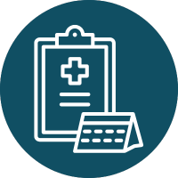 blue icon of a medical clipboard and calendar