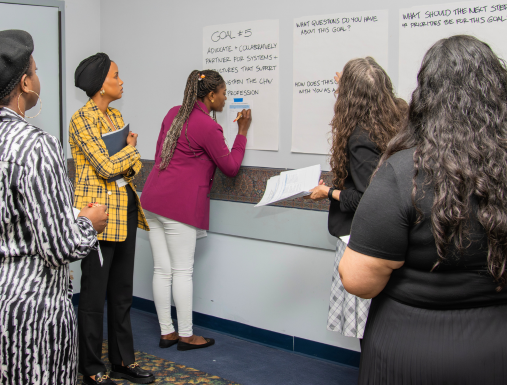 A group of women dressed professionally at a conference writing on large paper as part of an exercise.